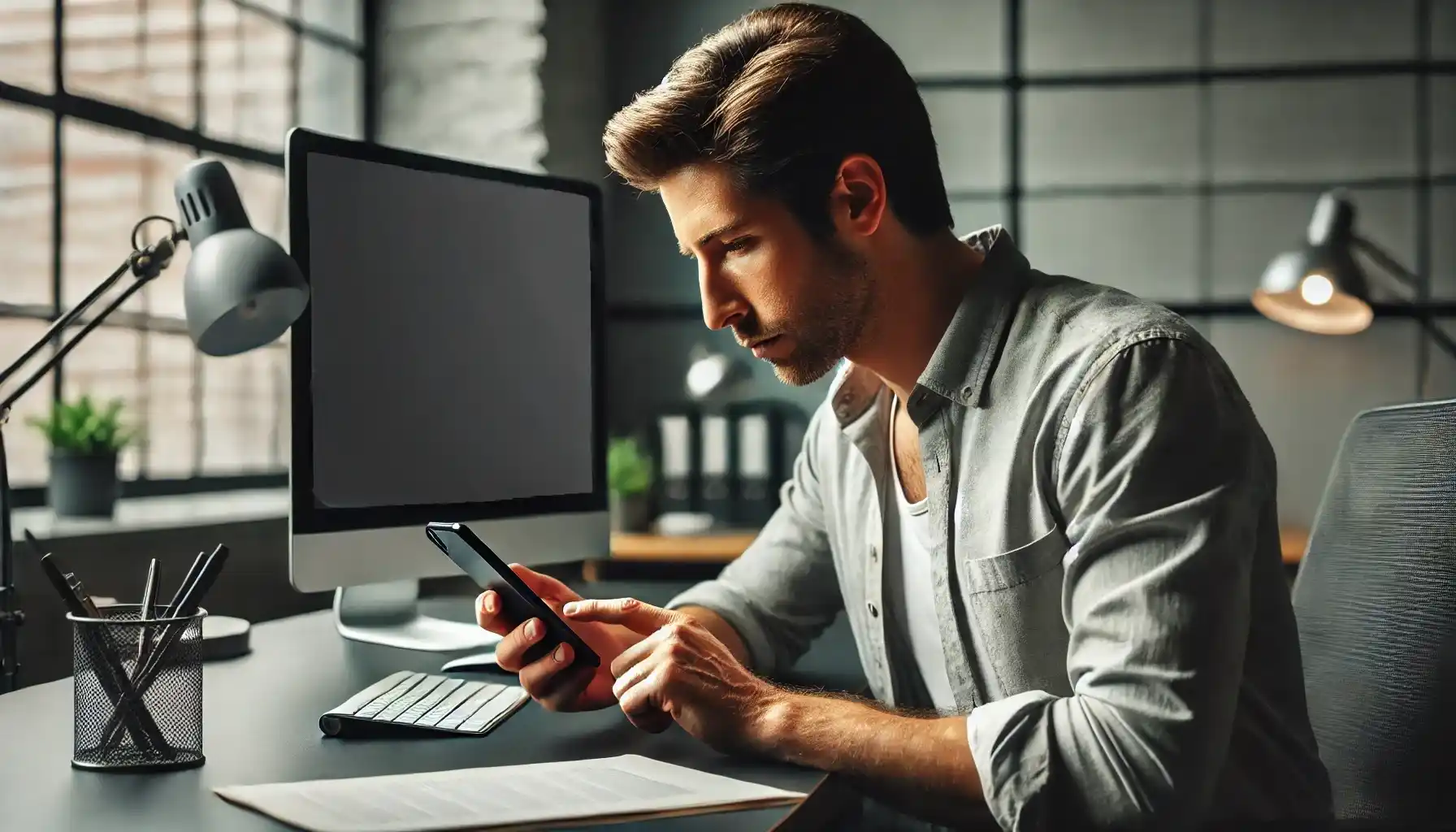 A man is looking at a smartphone while navigating through the settings to manage app permissions and hidden logs.