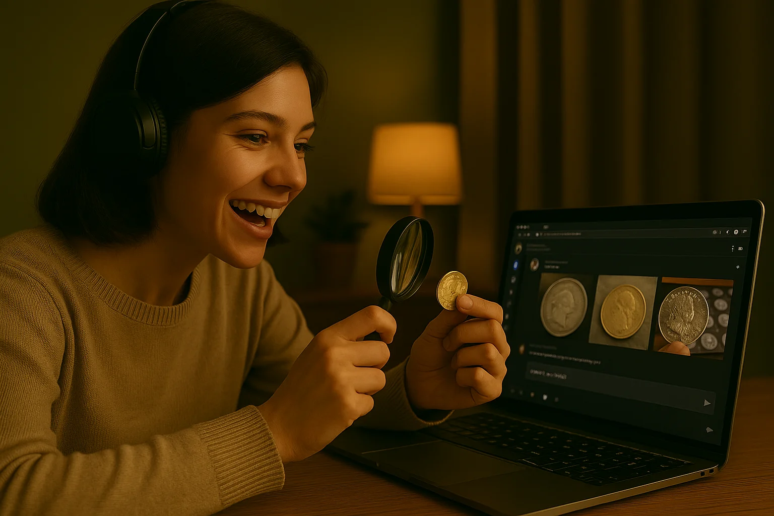 Young woman sharing her coin find during a video call on a collecting forum — she proudly displays a coin to the camera while observing its features online
