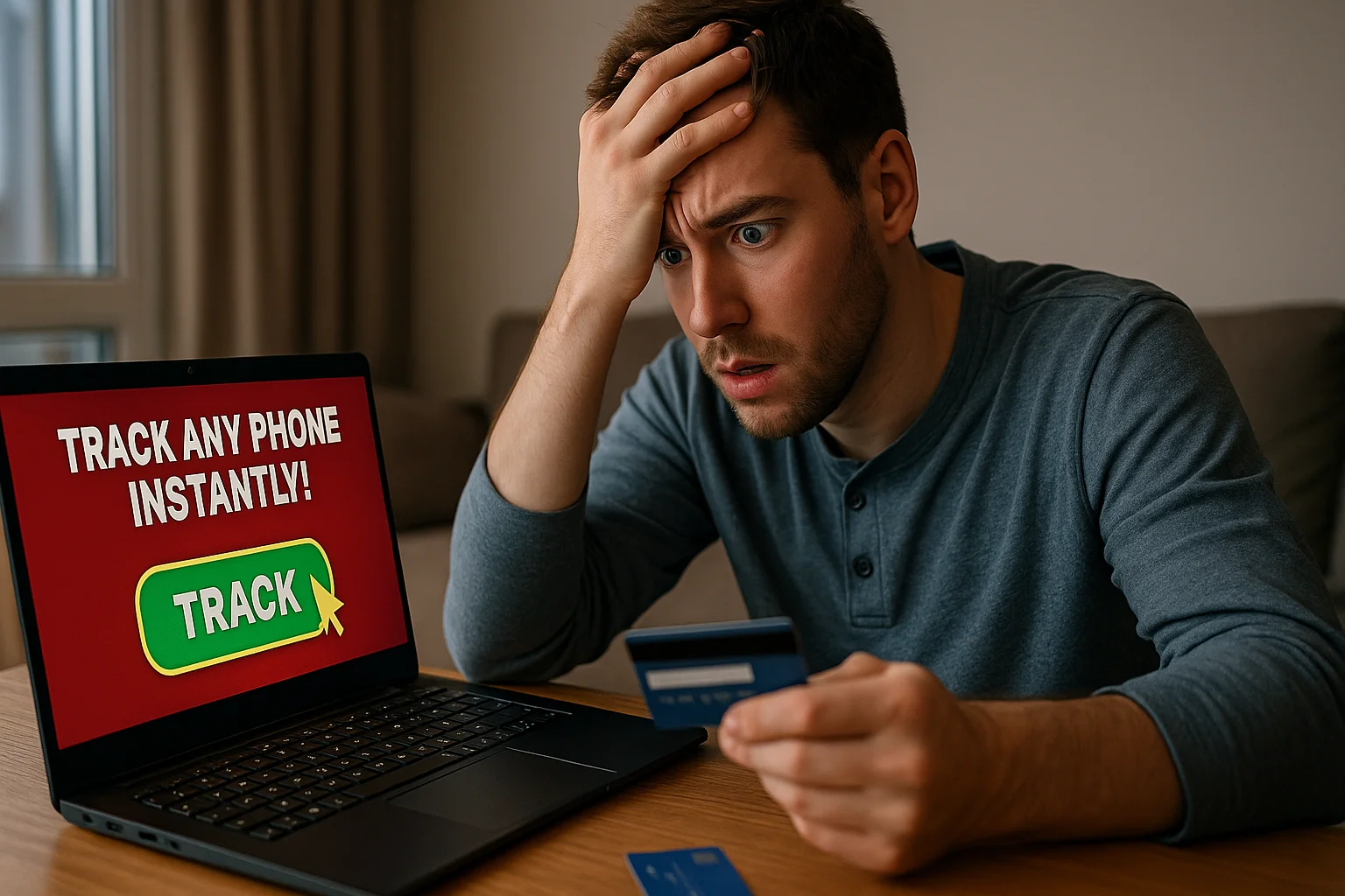 A young man at home stares anxiously at a suspicious website on his laptop, showing "Track Any Phone Instantly!" while holding his credit card.