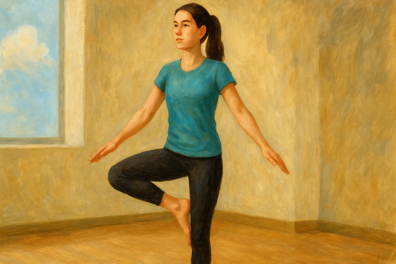 A woman is trying a one-leg stand.