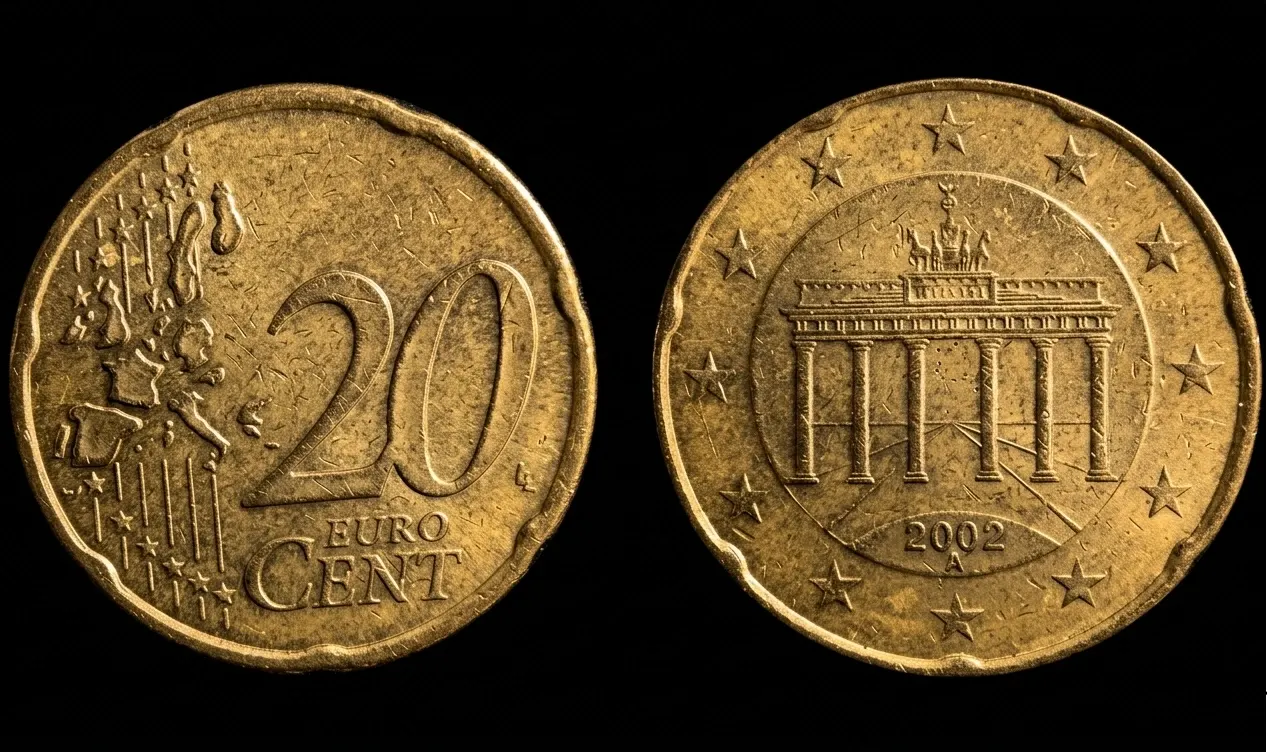 primer plano de moneda de 20 céntimos con posible error de acuñación